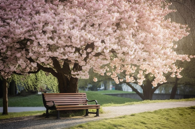 Een moment van rust Een bloeiende kersenboom in een stadspark met een bankje voor ontspanning Generativ