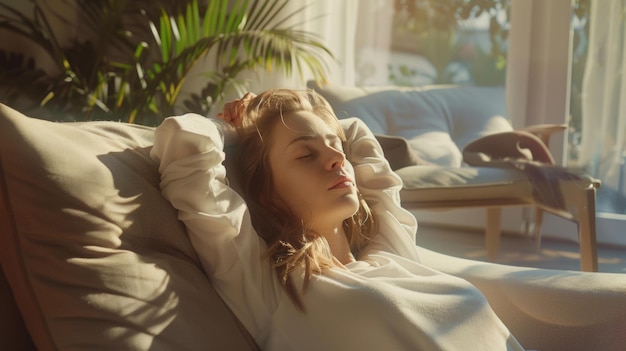 Een moment van sereniteit als een vrouw badet in het zonlicht ogen gesloten in ontspanning