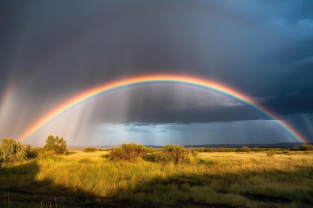 Foto een moment van verwondering prachtige regenboog die de lucht overspant na een majestueuze regenbui