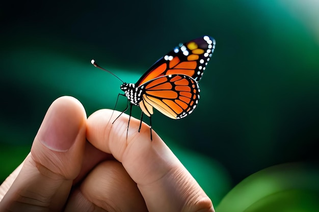 Een monarchvlinder wordt op iemands hand gehouden.