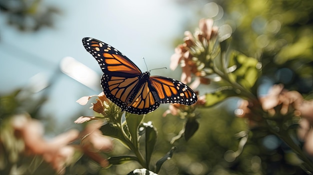 Een monarchvlinder zit op een bloem in de tuin.