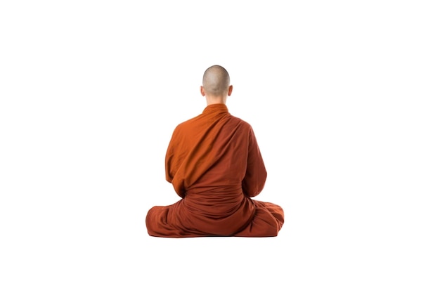 Een monnik in oranje gewaad zit in een lotushouding met zijn rug naar de camera.