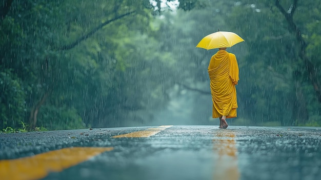 Een monnik van Boeddha die in de regen langs de weg loopt