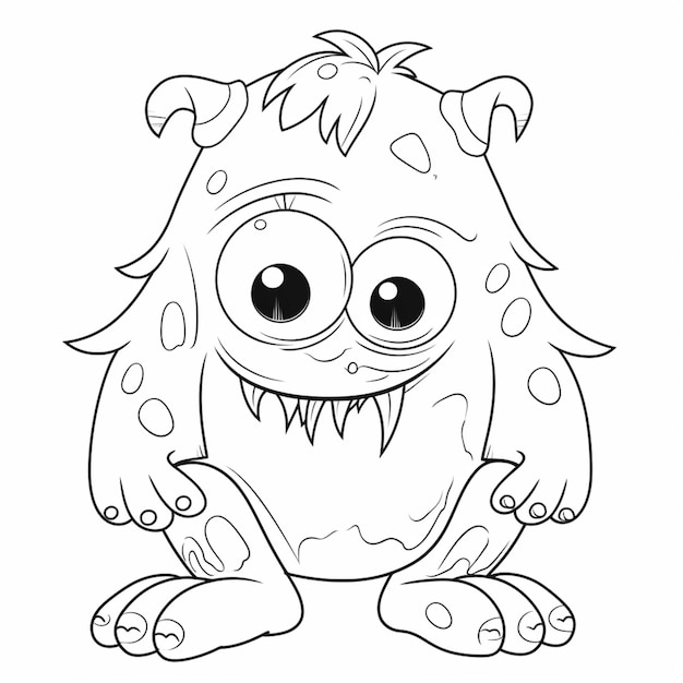 Een monster met een grote neus en grote ogen zit in een zwart-wit tekening.