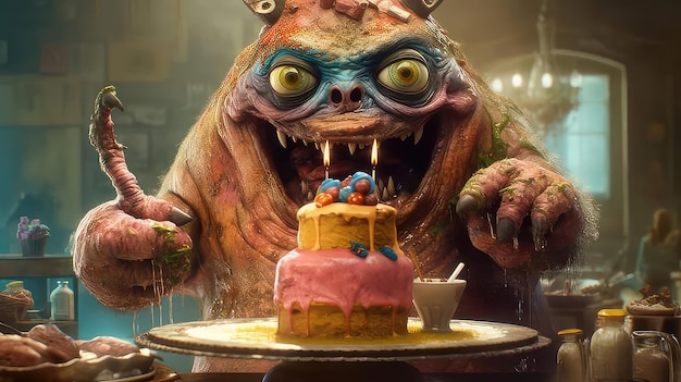 Een monster met een taart erop voor een restaurant.