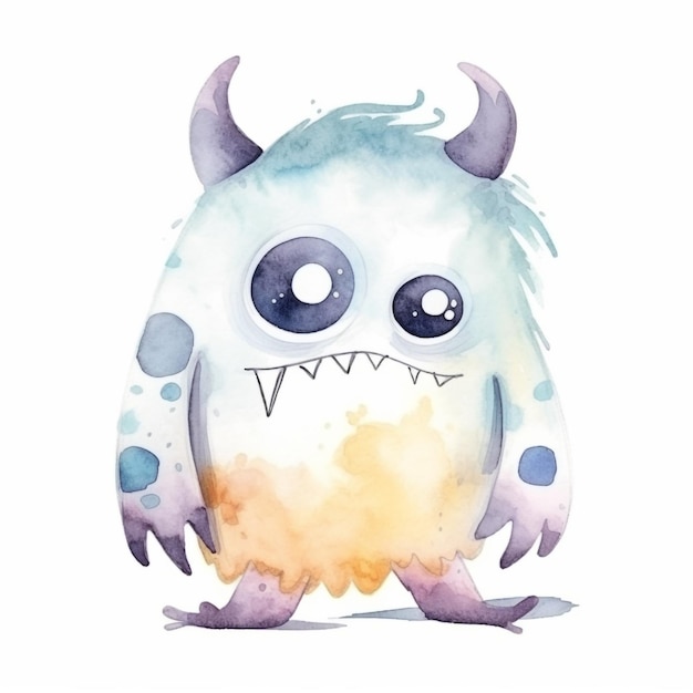 Een monster met hoorns en een blauwe neus staat voor een witte achtergrond.