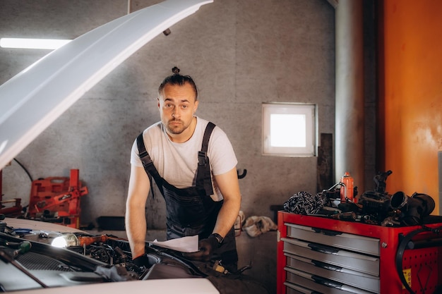 Foto een monteur doet een auto-check onder de motorkap met een zaklamp in de werkplaats van een monteur hoogwaardige foto