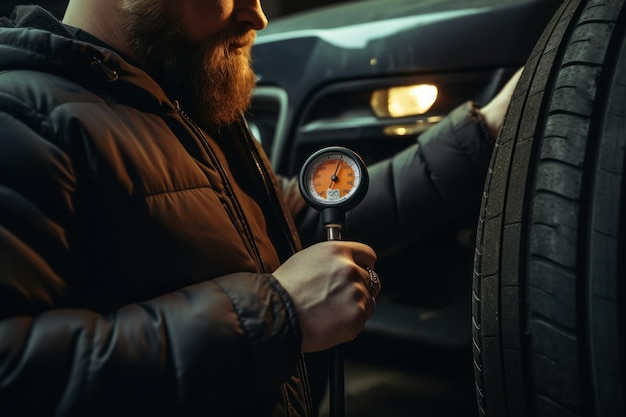 Een monteur staat naast een opgeheven auto en controleert de bandendruk die door AI wordt gegenereerd