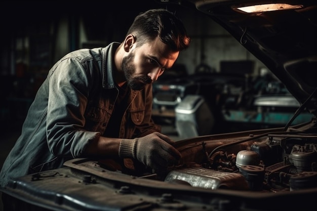 Een monteur werkt aan de motor van een auto in een garage