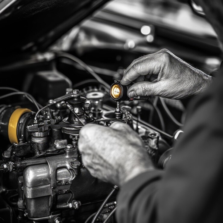 Foto een monteur werkt aan een auto-motor met de motorkap open