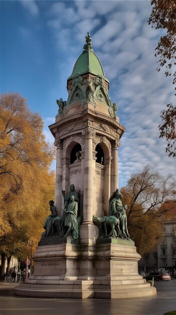 Een monument met een groen dak en een klok erop