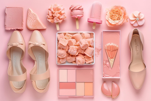 Een moodboard met afbeeldingen van perzikkleurige schoenen, ijsjes en roze lippenstift die de pas vertegenwoordigen
