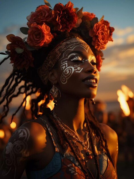 Een mooi Afrikaans meisje met bloemen in haar haar dat danst op het strandfeestje bij zonsondergang.