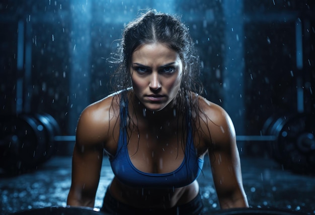 Een mooi atletisch meisje doet kracht- en cardio-oefeningen Klassen met een trainer in de sportschool met kettingen, halters en elastische banden, push-ups en parallelle staven Vrouw atleet dramatische foto