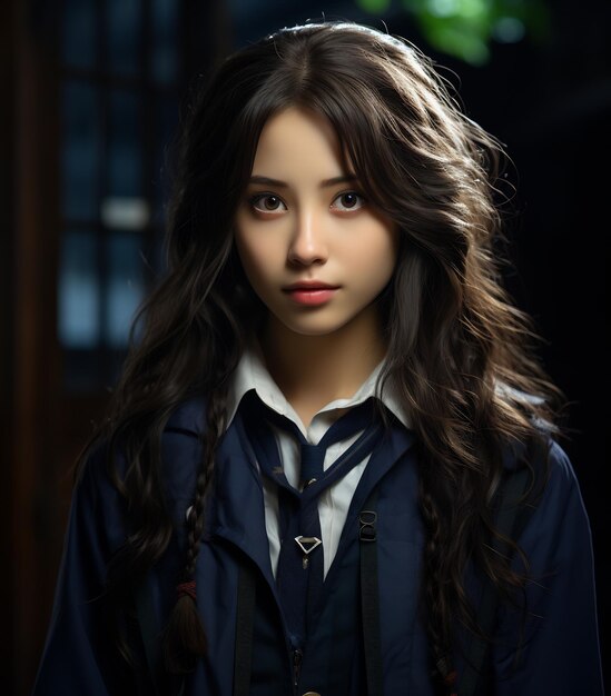 Foto een mooi aziatisch schoolmeisje met een delicaat gezicht.