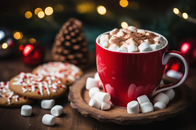 Een mooi beeld van een kop warme cacao met marshmallows omringd door kerstkoekjes