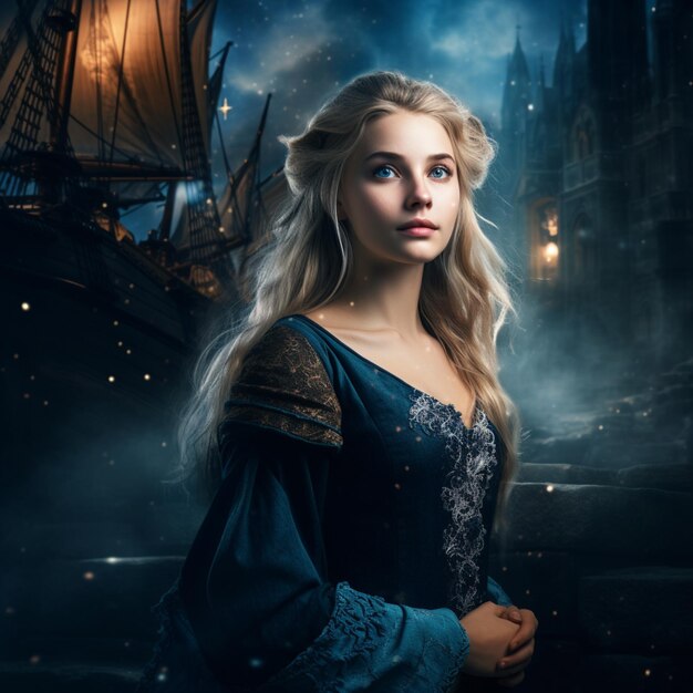 een mooi blond jong meisje met blauwe ogen die uit het kasteel is ontsnapt