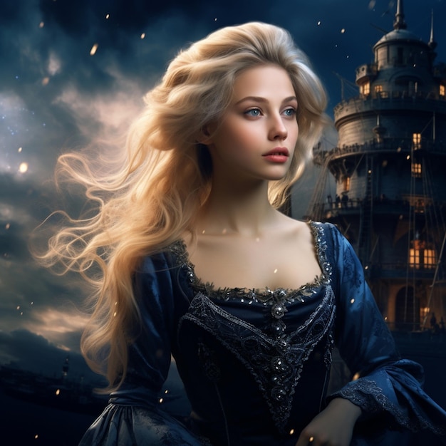 een mooi blond jong meisje met blauwe ogen die uit het kasteel is ontsnapt