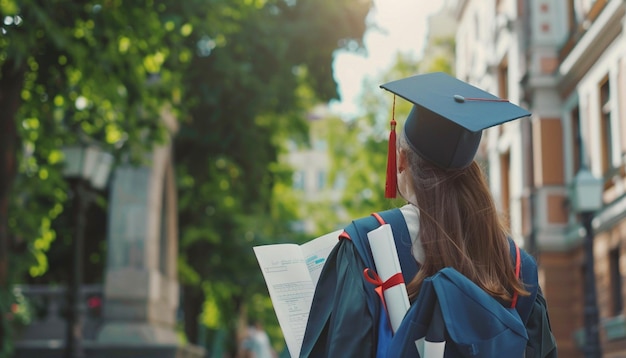 Een mooi college meisje ontvangt haar diploma met papieren en een notitieboekje