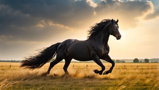 Een mooi donker paard loopt in de natuur.