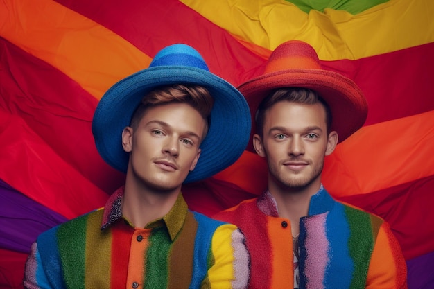 Foto een mooi gelukkig homopaar met regenboogkleuren accessoires lgbtq pride month