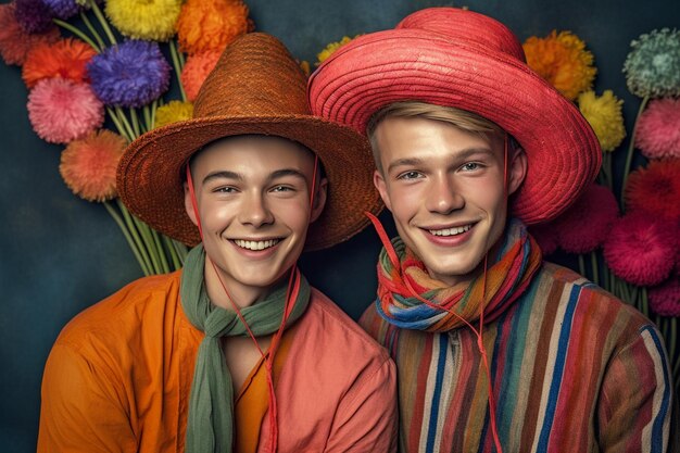 Een mooi gelukkig homopaar met regenboogkleuren accessoires LGBTQ Pride Month