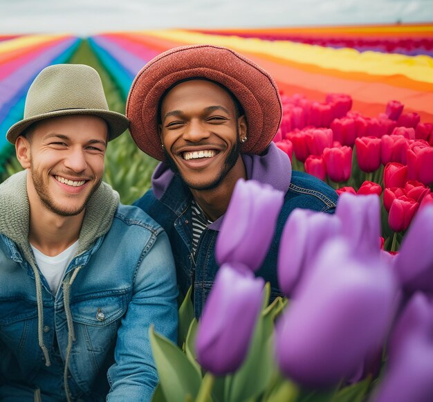 Een mooi gelukkig homopaar met regenboogkleuren in een bloemenveld LGBTQ Pride Month