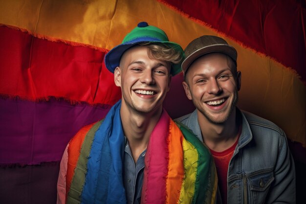 Een mooi gelukkig homopaar met regenboogkleuren in een bloemenveld LGBTQ Pride Month