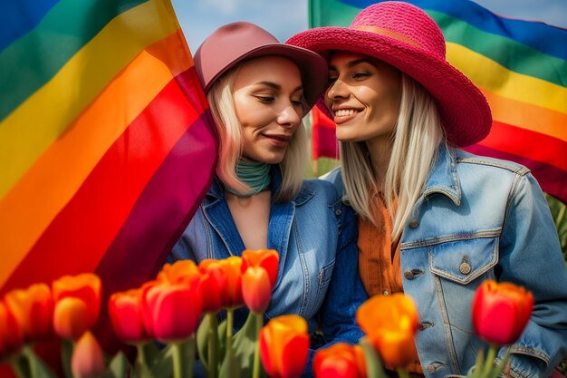 Een mooi gelukkig homoseksueel lesbisch stel met regenboogkleuren in een bloemenveld LGBTQ Pride Month