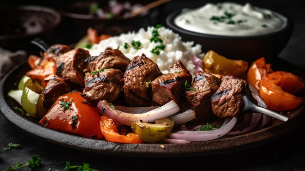 een mooi gepresenteerde schotel gegrilde shish kebabs met gemarineerde rundvleeskip