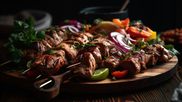 een mooi gepresenteerde schotel gegrilde shish kebabs met gemarineerde rundvleeskip