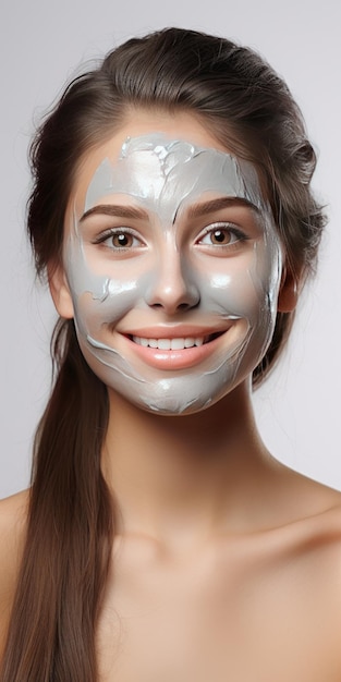 Een mooi jong meisje past een groen cosmetisch gezichtsmasker toe. Het thema beautyGenerative AI