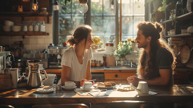 Een mooi jong verliefd koppel ontbijt in een café.