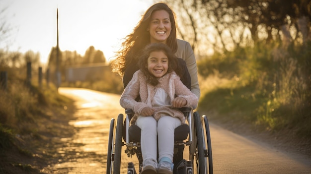 Een mooi klein meisje met een handicap loopt in een rolstoel met haar moeder bij zonsondergang Een kind met een handicap