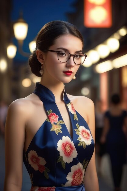 Een mooi meisje draagt Cheongsam op de achtergrond van Midnight City.