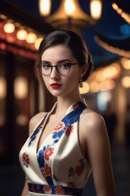 Foto een mooi meisje draagt cheongsam op de achtergrond van midnight city.