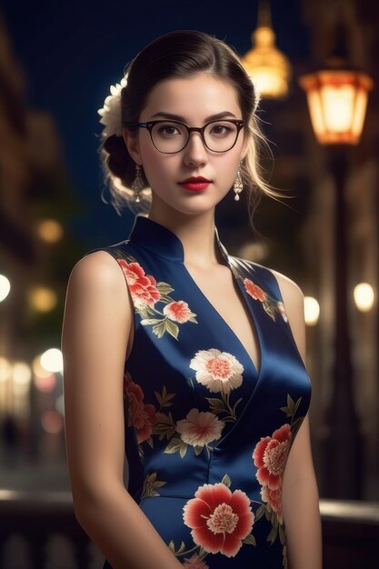 Foto een mooi meisje draagt cheongsam op de achtergrond van midnight city.