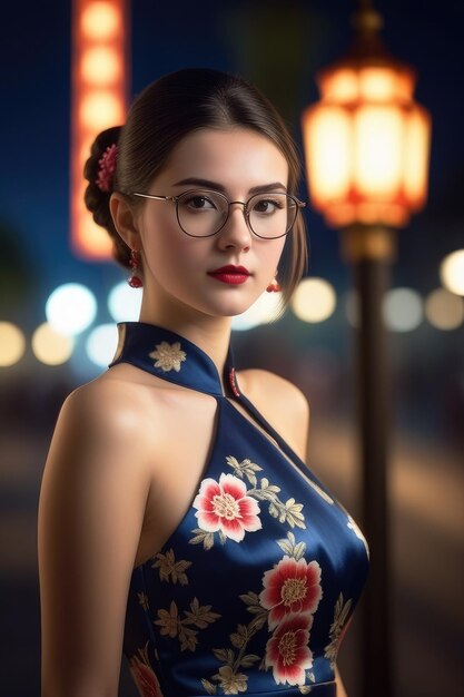 Een mooi meisje draagt Cheongsam op de achtergrond van Midnight City.