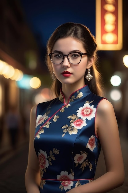 Een mooi meisje draagt Cheongsam op de achtergrond van Midnight City.