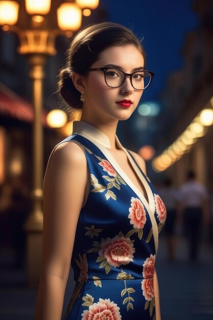 Een mooi meisje draagt Cheongsam op de achtergrond van Midnight City.