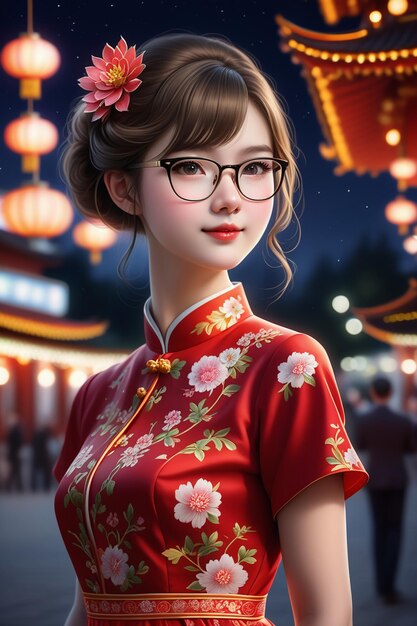 Een mooi meisje in een cheongsam en bril's nachts in cartoon stye