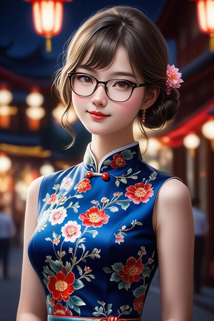 Een mooi meisje in een cheongsam en bril's nachts in cartoon stye