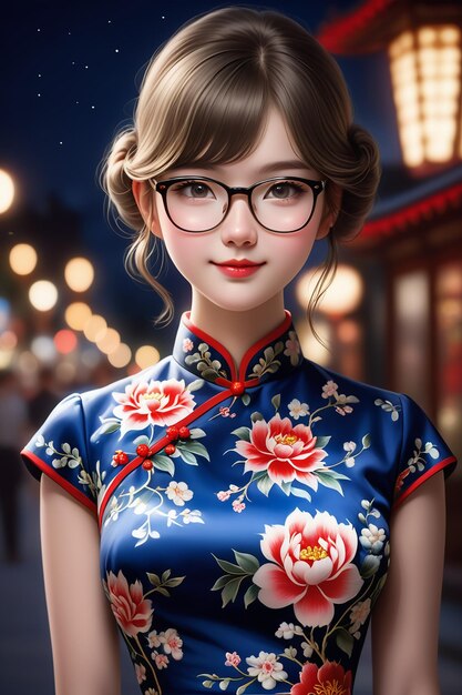 Foto een mooi meisje in een cheongsam en bril's nachts in cartoon stye