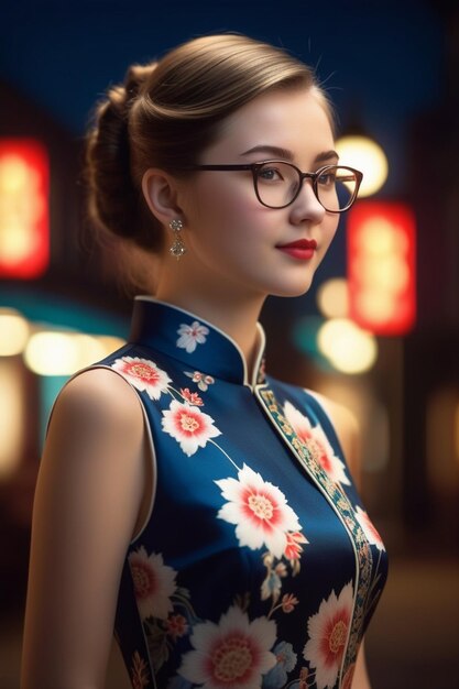 Een mooi meisje in een cheongsam en een bril op een nachtelijke achtergrond