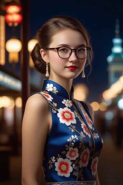 Een mooi meisje in een cheongsam en een bril op een nachtelijke achtergrond