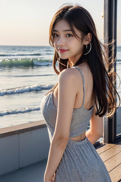 Een mooi meisje in een jurk keek naar de camera en glimlachte helder op een strand
