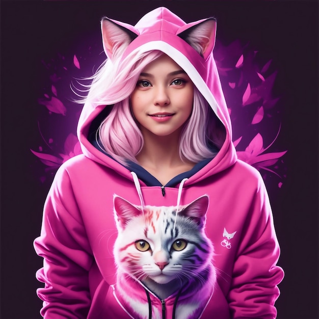 een mooi meisje in een kat roze hoodie afbeeldingen met gegenereerde ai