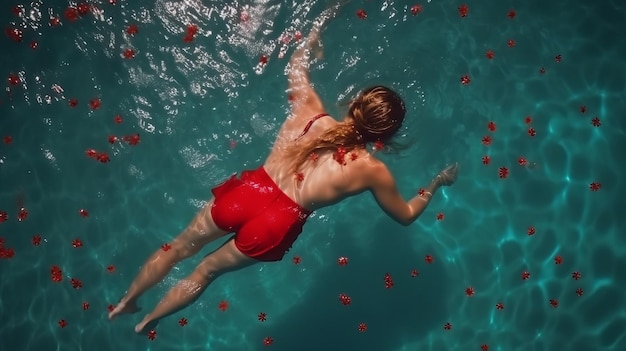 Een mooi meisje in een rood zwempak zwemt op haar