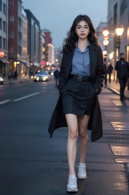 Een mooi meisje in een shirt en rok met een jas en sneaker loopt 's nachts op straat
