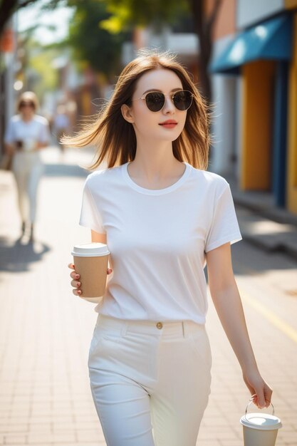 Een mooi meisje in een wit hemd en broek houdt een koffiekop in haar hand op een zonnige straat